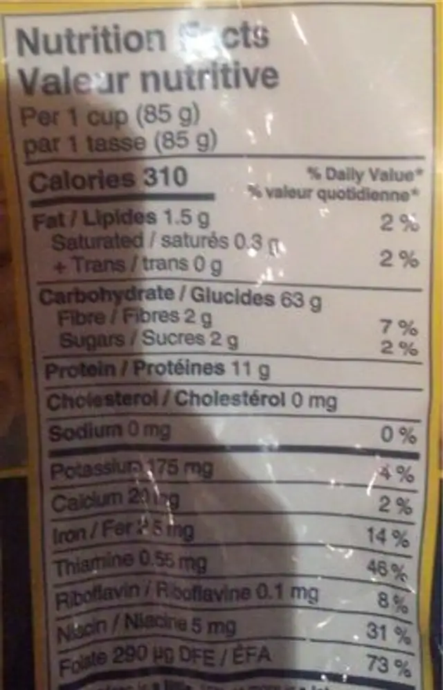 Pâte nutrition facts table