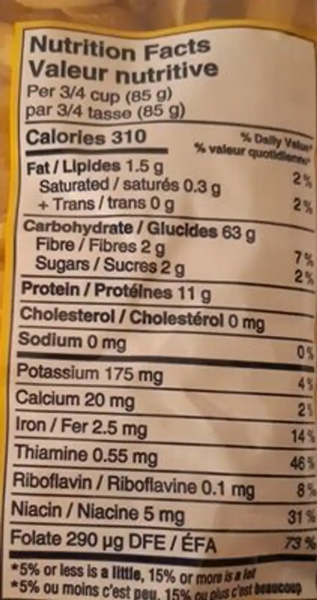 Penne Rigate nutrition facts table