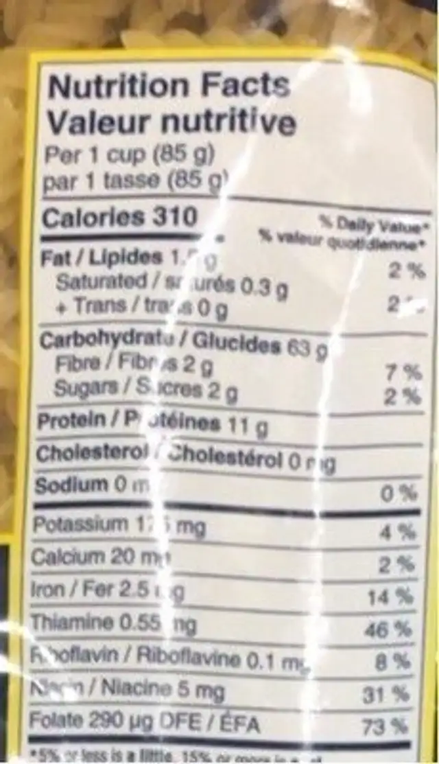 Fusilli nutrition facts table