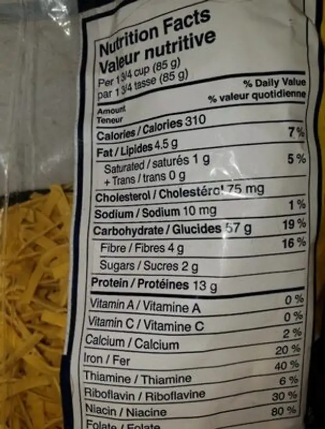 Nouilles aux oeufs nutrition facts table