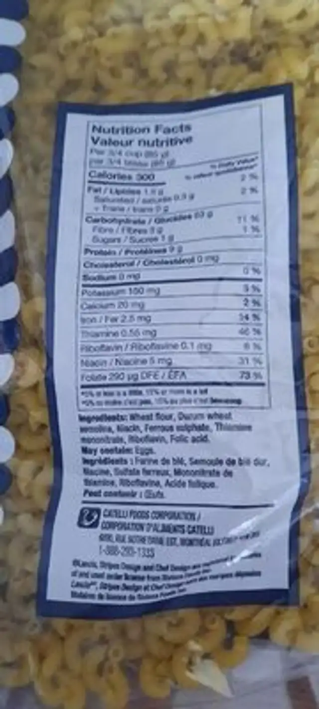 Macaroni nutrition facts table