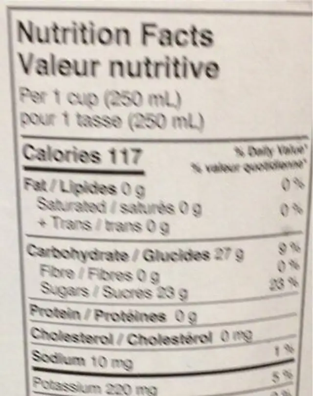 Juice cranberry apple nutrition facts table