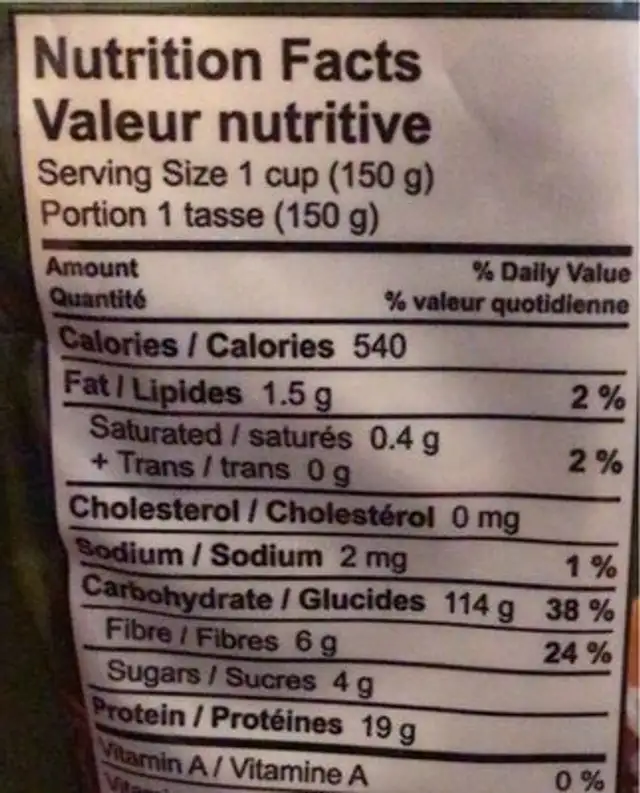 Riz sauvage nutrition facts table