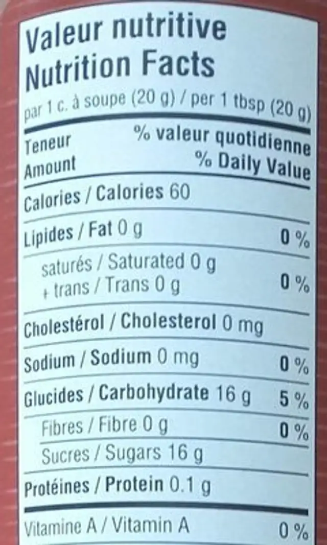 Miel crémeux avec franboises nutrition facts table