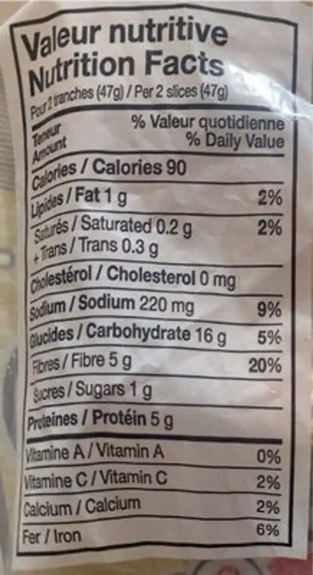 Betty pain blé entier nutrition facts table