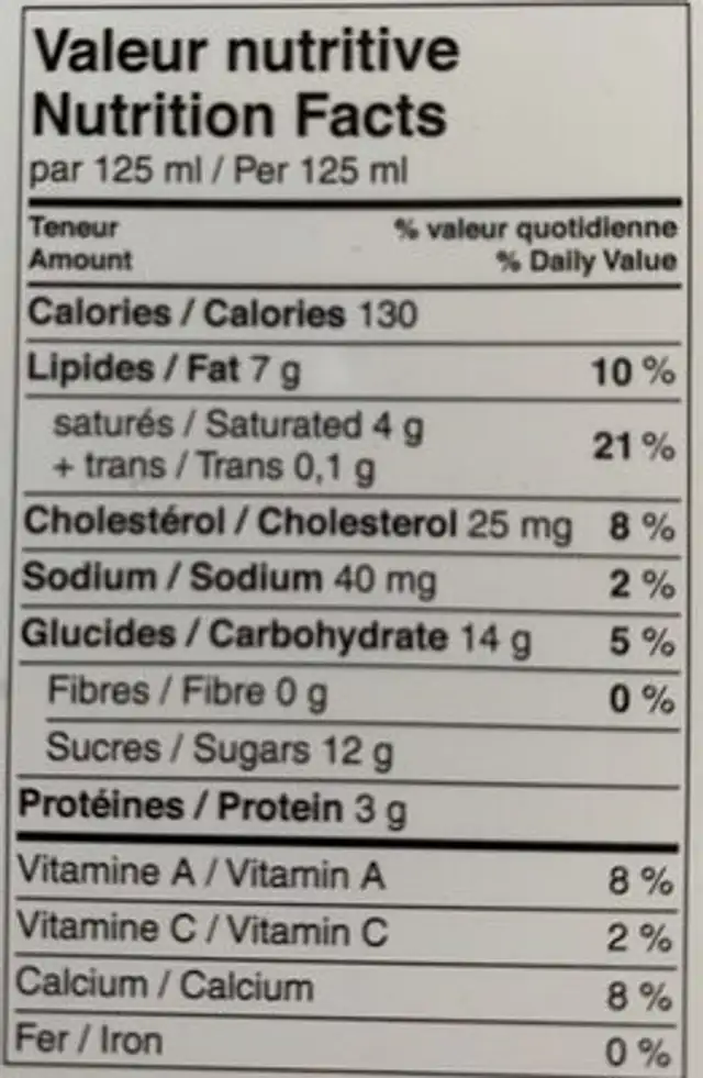 Crème glacée Vanille à l'ancienne nutrition facts table