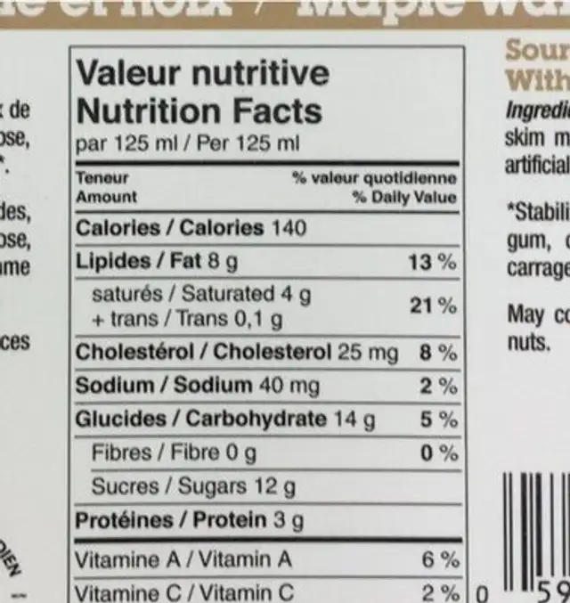 Erable et noix nutrition facts table