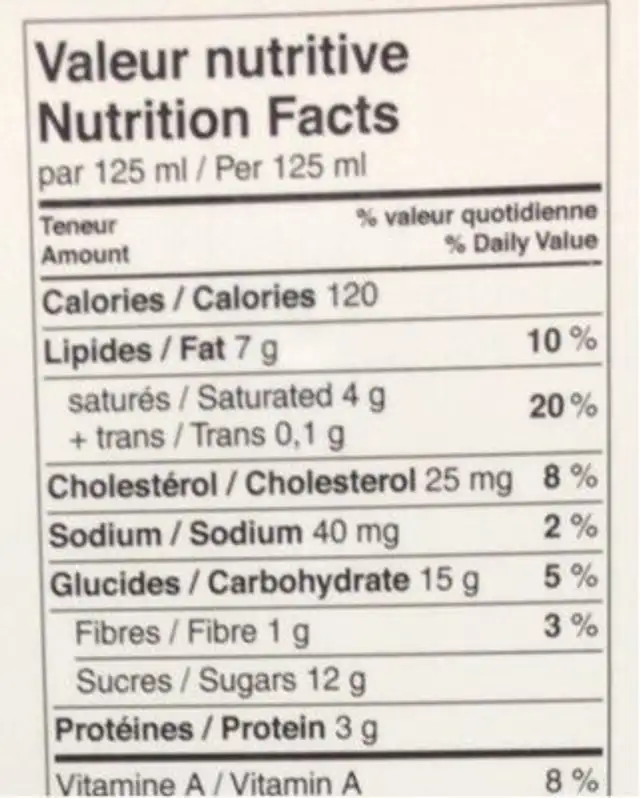 Creme glacee a l’ancienne nutrition facts table