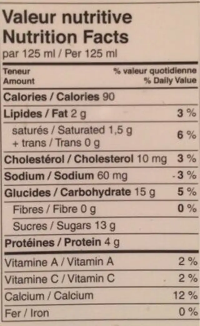 Lait glacé a l'ancienne érable nutrition facts table