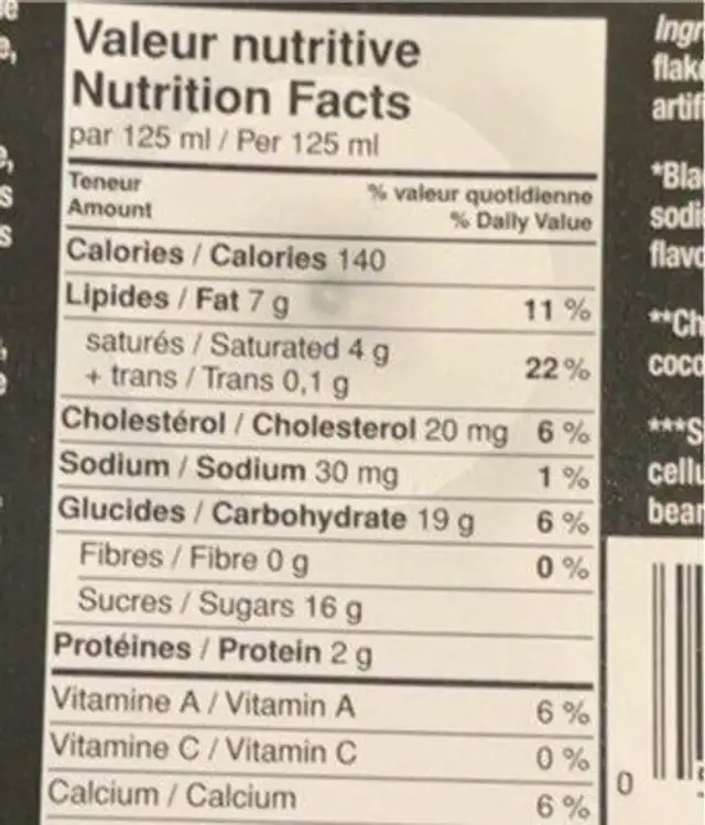 Crème glacée à l’ancienne nutrition facts table