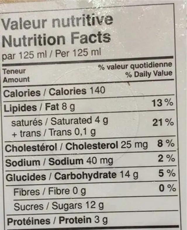 Érable et noix nutrition facts table