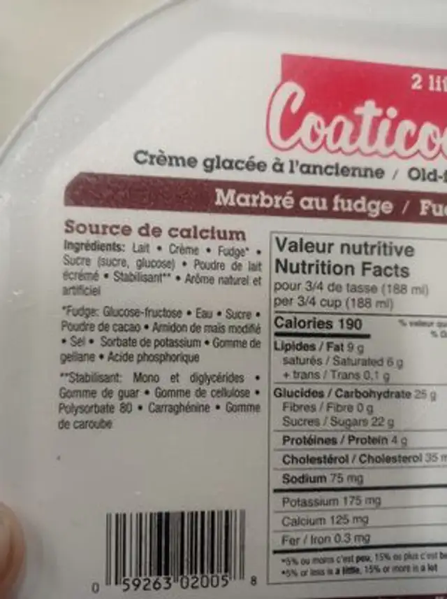 Creme glacée ingredients label