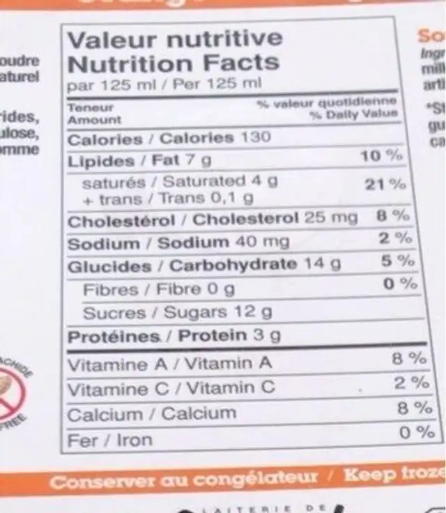 Crème glacée à l’ancienne à l’orange nutrition facts table