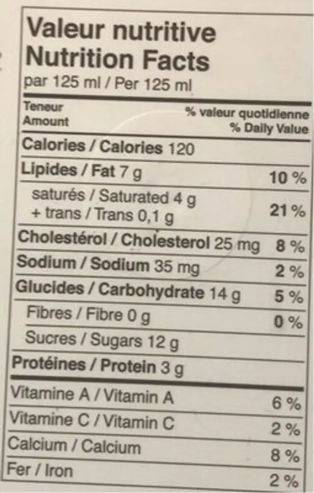 Coaticook napolitaine nutrition facts table