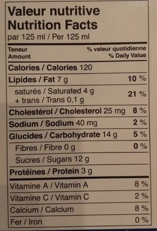 Old-fashioned Ice Cream Vanilla nutrition facts table