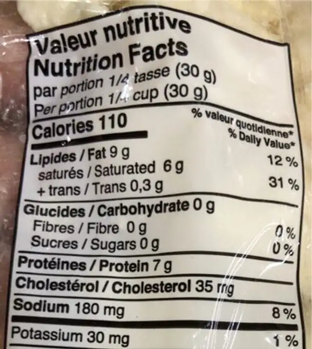 Fromage non raffiné a pâte ferme nutrition facts table