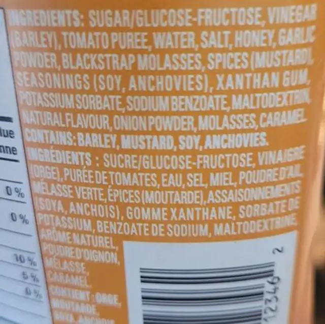 Sauce BBQ gourmet miel et ail ingredients label