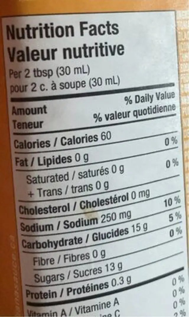 Sauce BBQ gourmet miel et ail nutrition facts table