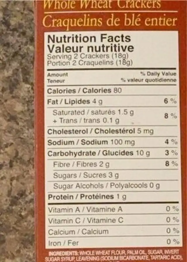 Craquelins de blé entier nutrition facts table