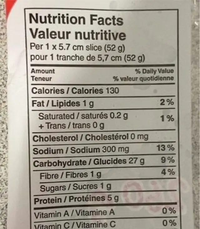 Miche blanche francaise nutrition facts table