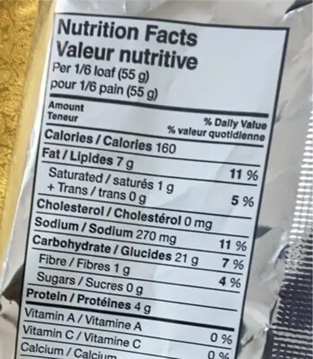Pain à l’ ail nutrition facts table