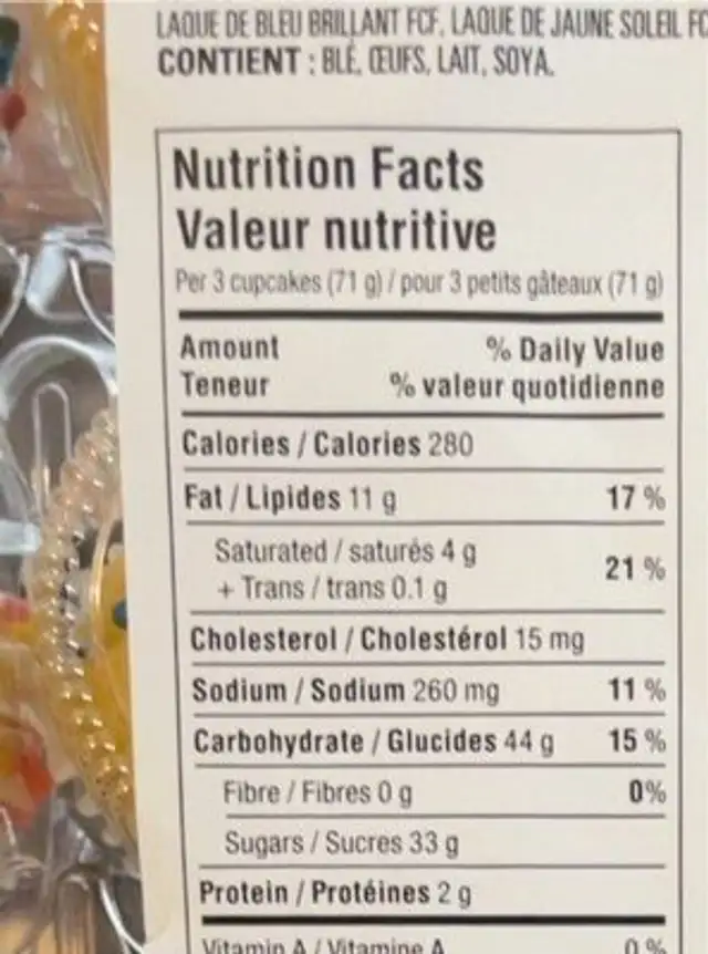 Vanilla Mini Cupcakes nutrition facts table
