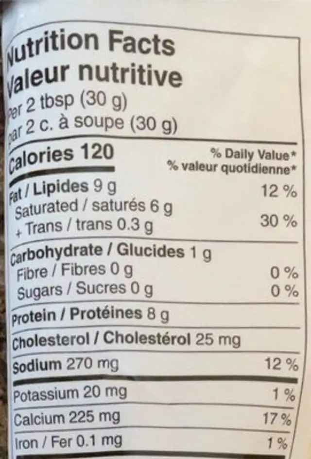Parmesan nutrition facts table