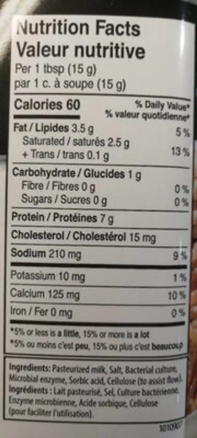 Parmesan nutrition facts table
