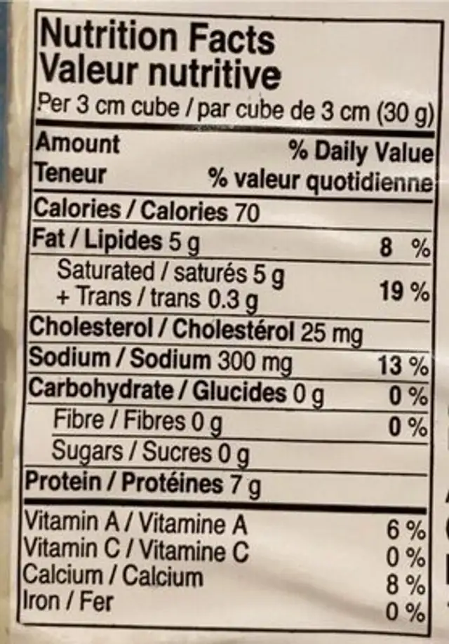 Feta nutrition facts table