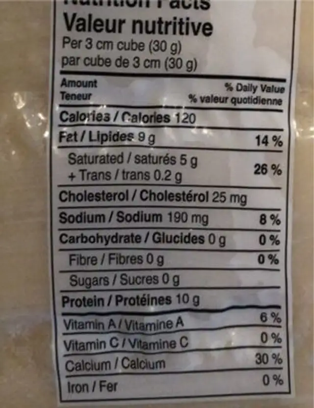 Grana padano nutrition facts table