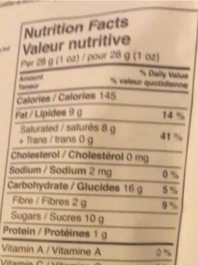 Organic Banana Chips nutrition facts table