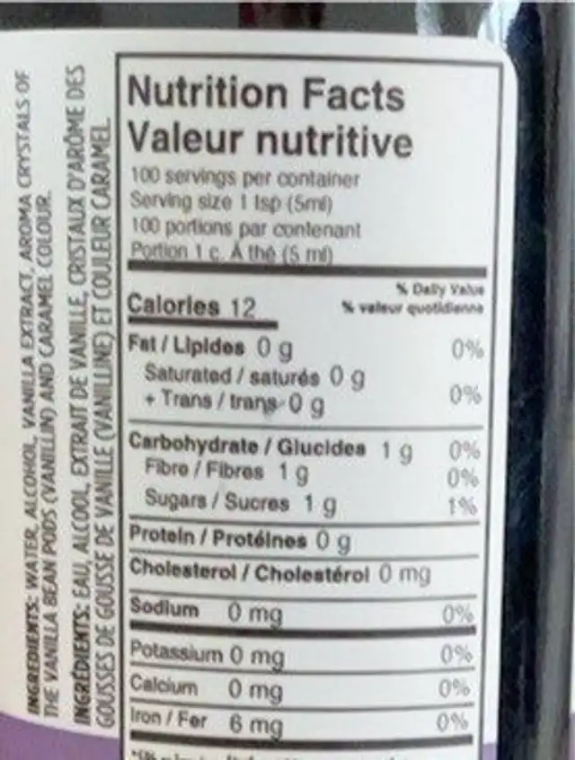 Vanilla Extract nutrition facts table