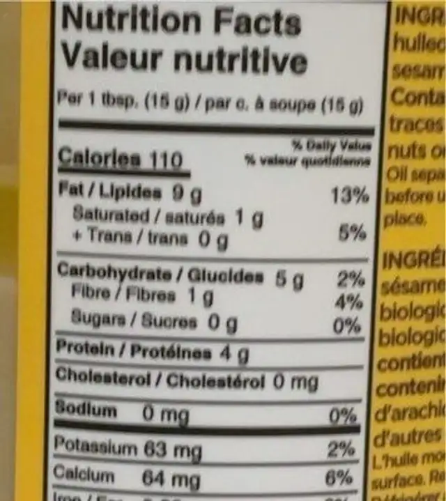 Tahini nutrition facts table