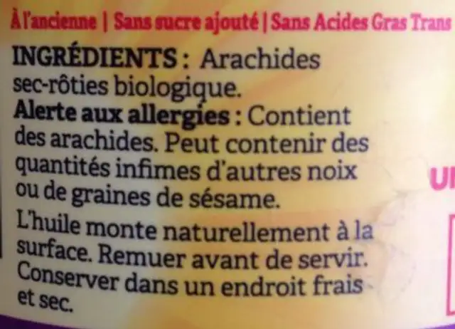 Beurre de cacahuète ingredients label