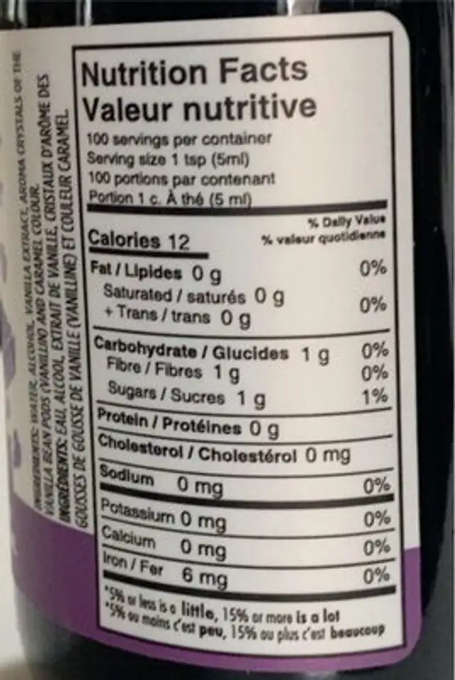 Extrait de vanille nutrition facts table