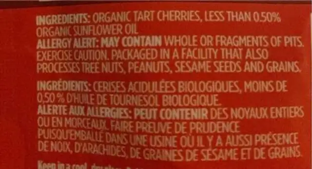 Tart cherries nutrition facts table