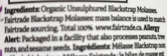 Blackstrap Molasses, Organic ingredients label