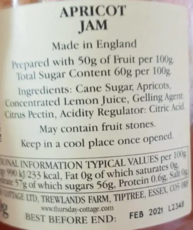 Abricot Jam ingredients label