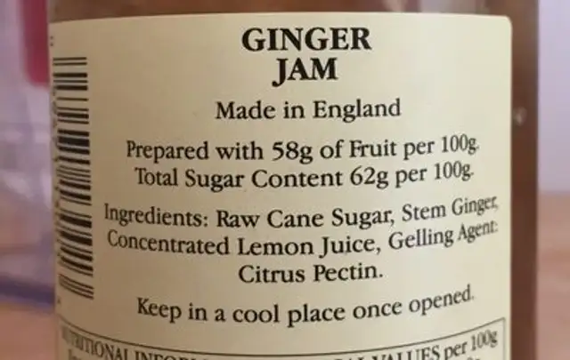 Ginger Jam ingredients label
