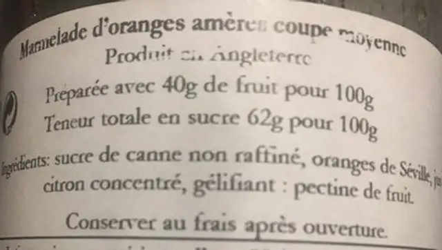 Marmelade d'Orange Amère ingredients label