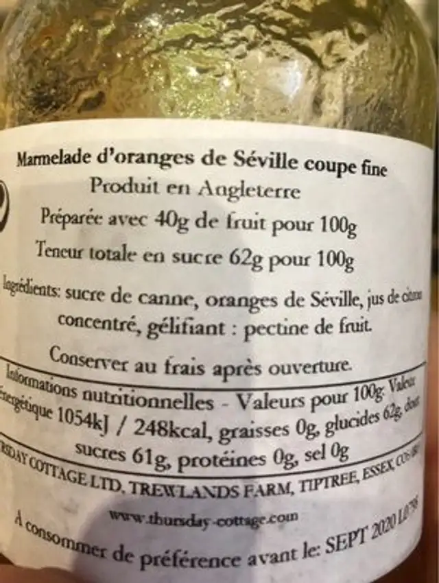 Thursday Cottage Seville Orange Marmalade Fine Cut 454G ingredients label