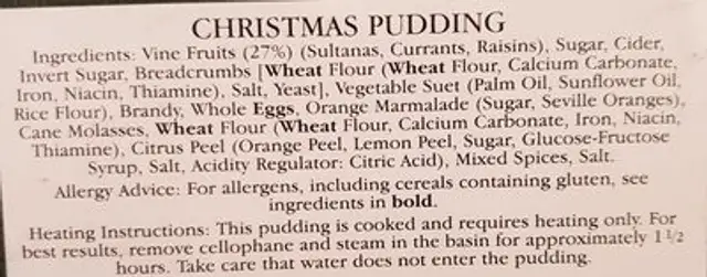 Chritmas pudding ingredients label