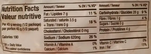 Mr.Noodles Champignons nutrition facts table
