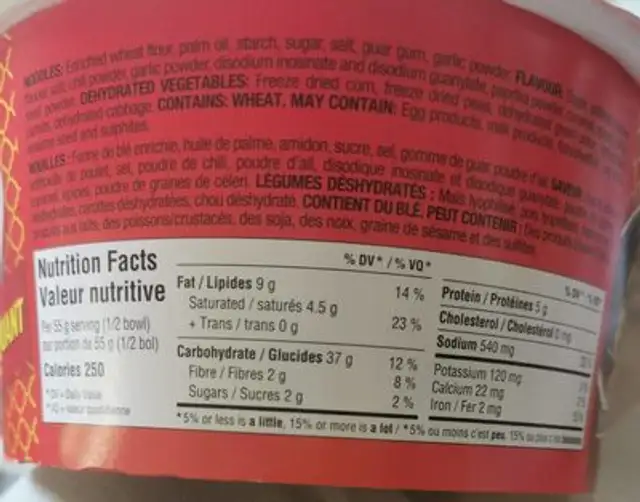 Mr.noodles bowl poulet piquant nutrition facts table