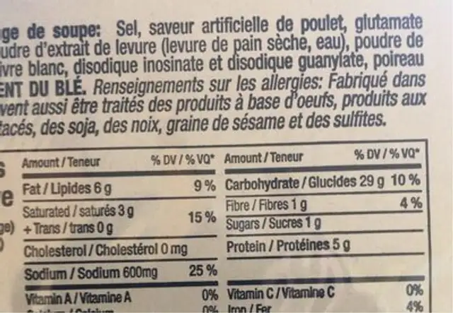 Mr.Noodles nutrition facts table