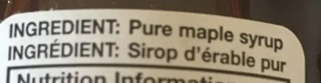 Sirop d'étable ingredients label