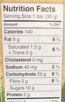 Granola Oatmeal Cookie Bar nutrition facts table