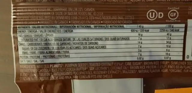 Barrita de frutos secos orgánicos nutrition facts table