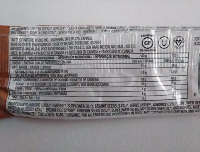 Barreta Ametlles Bio Taste of Nature nutrition facts table