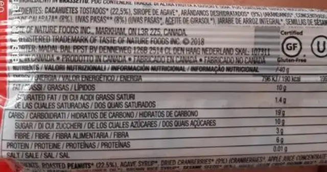 Taste of Nature Organic nutrition facts table